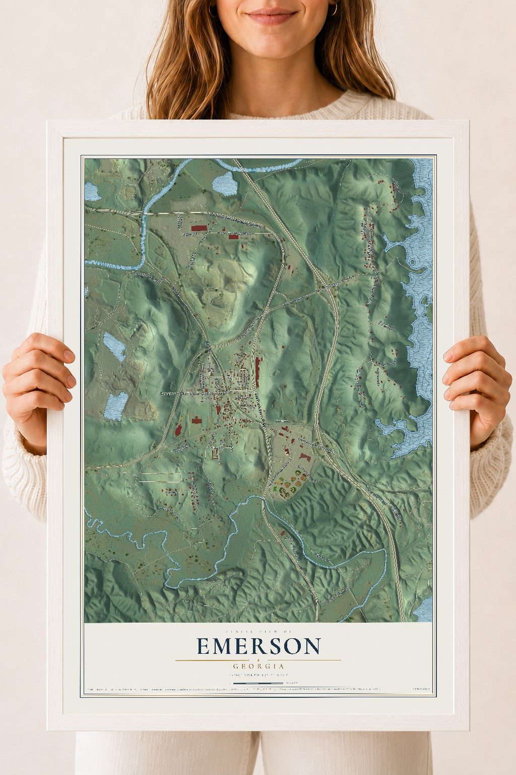 Emerson, Georgia map print, 18" x 24" W/ White Ayous Wood Frame mockup