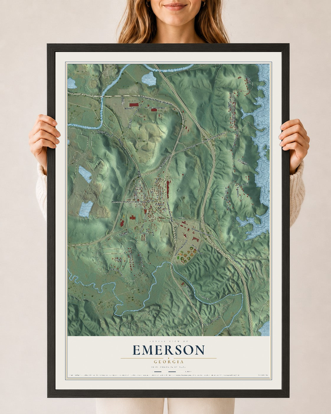 Emerson, Georgia map print, 24" x 36" W/ Black Ayous Wood Frame mockup