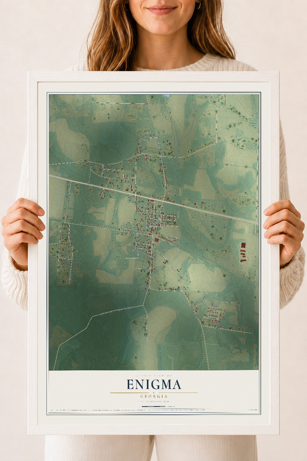 Enigma, Georgia map print, 18" x 24" W/ White Ayous Wood Frame mockup