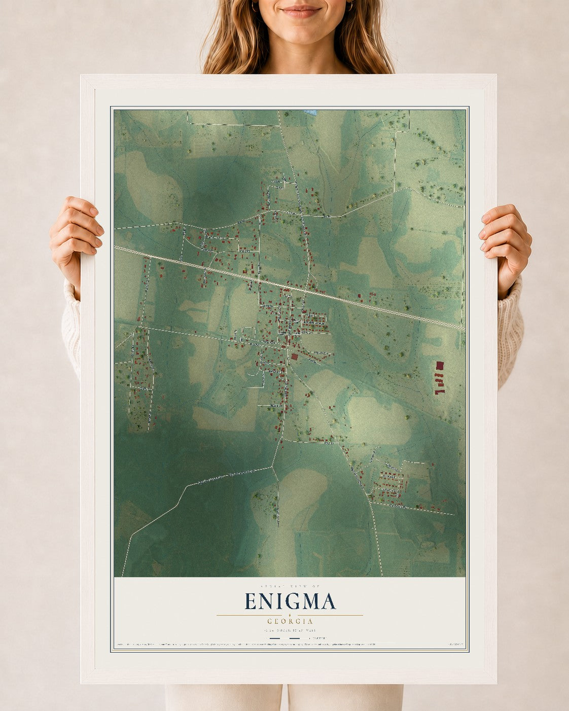 Enigma, Georgia map print, 24" x 36" W/ White Ayous Wood Frame mockup