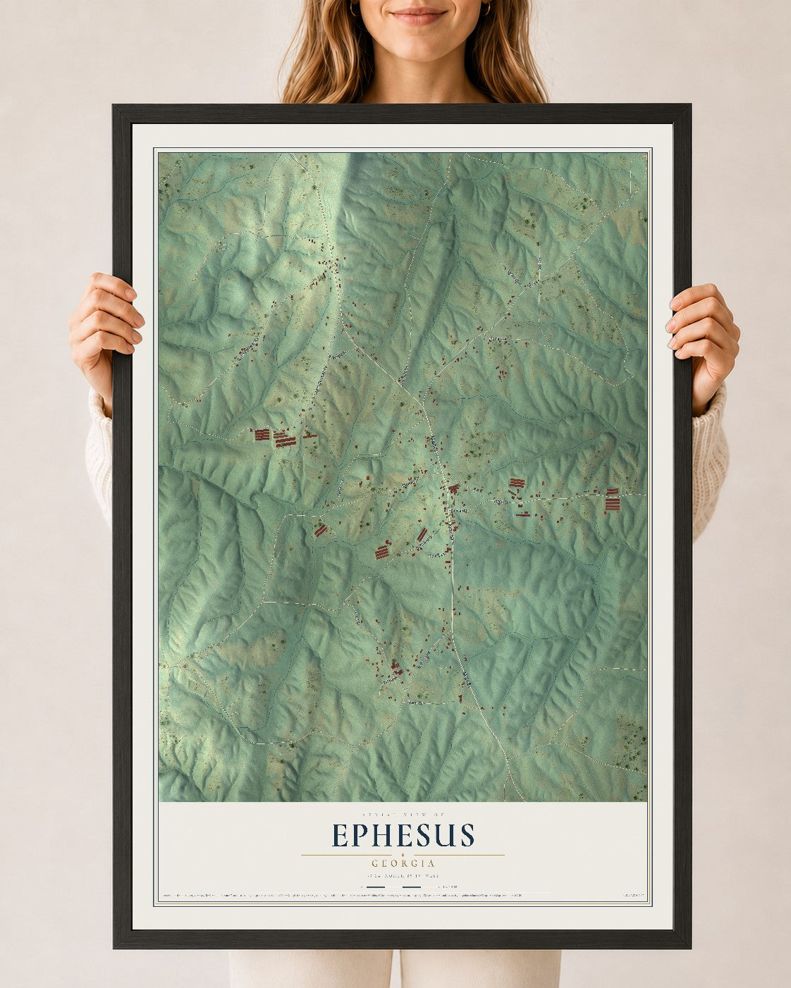 Ephesus, Georgia map print, 24" x 36" W/ Black Ayous Wood Frame mockup