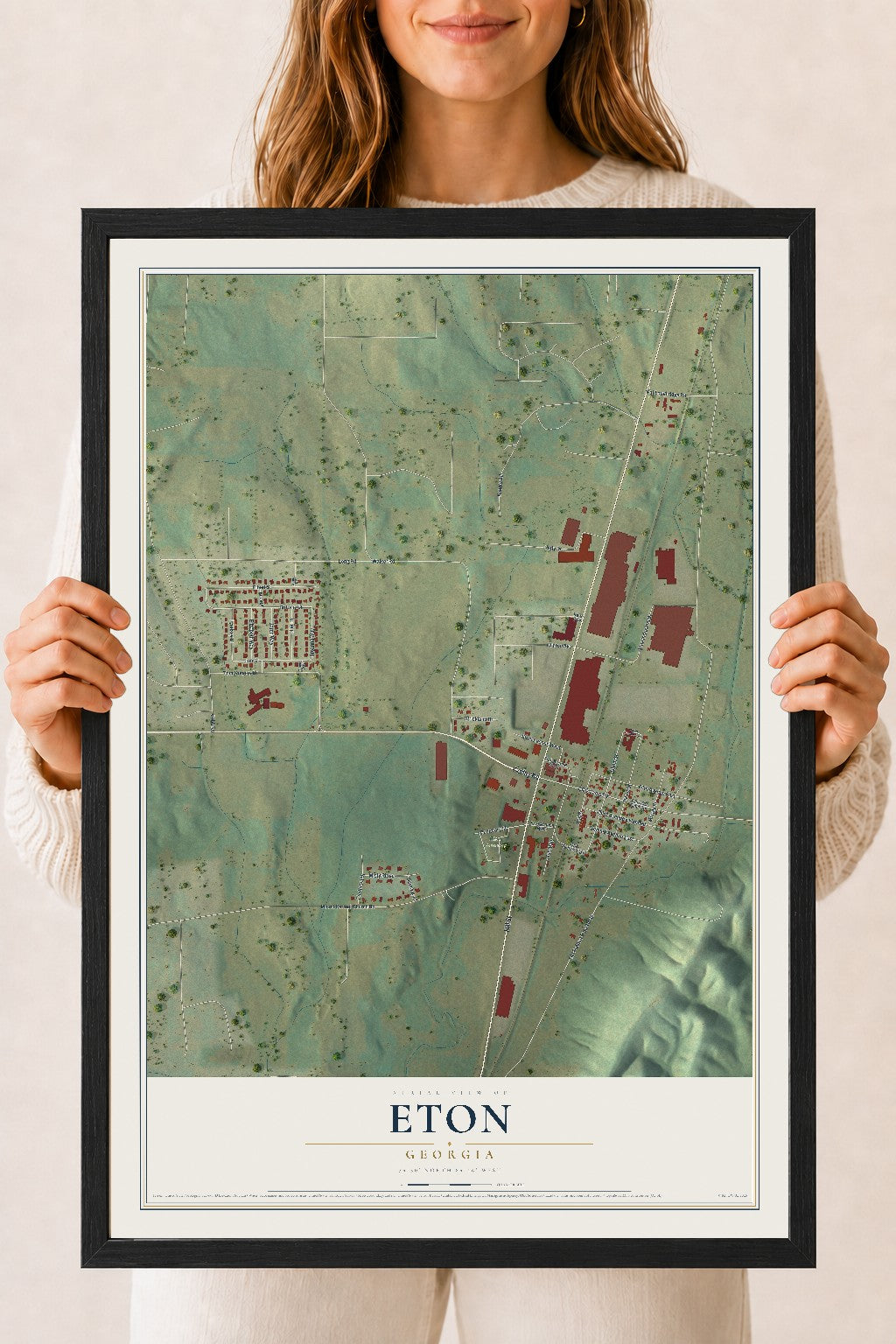 Eton, Georgia map print, 18" x 24" W/ Black Ayous Wood Frame mockup