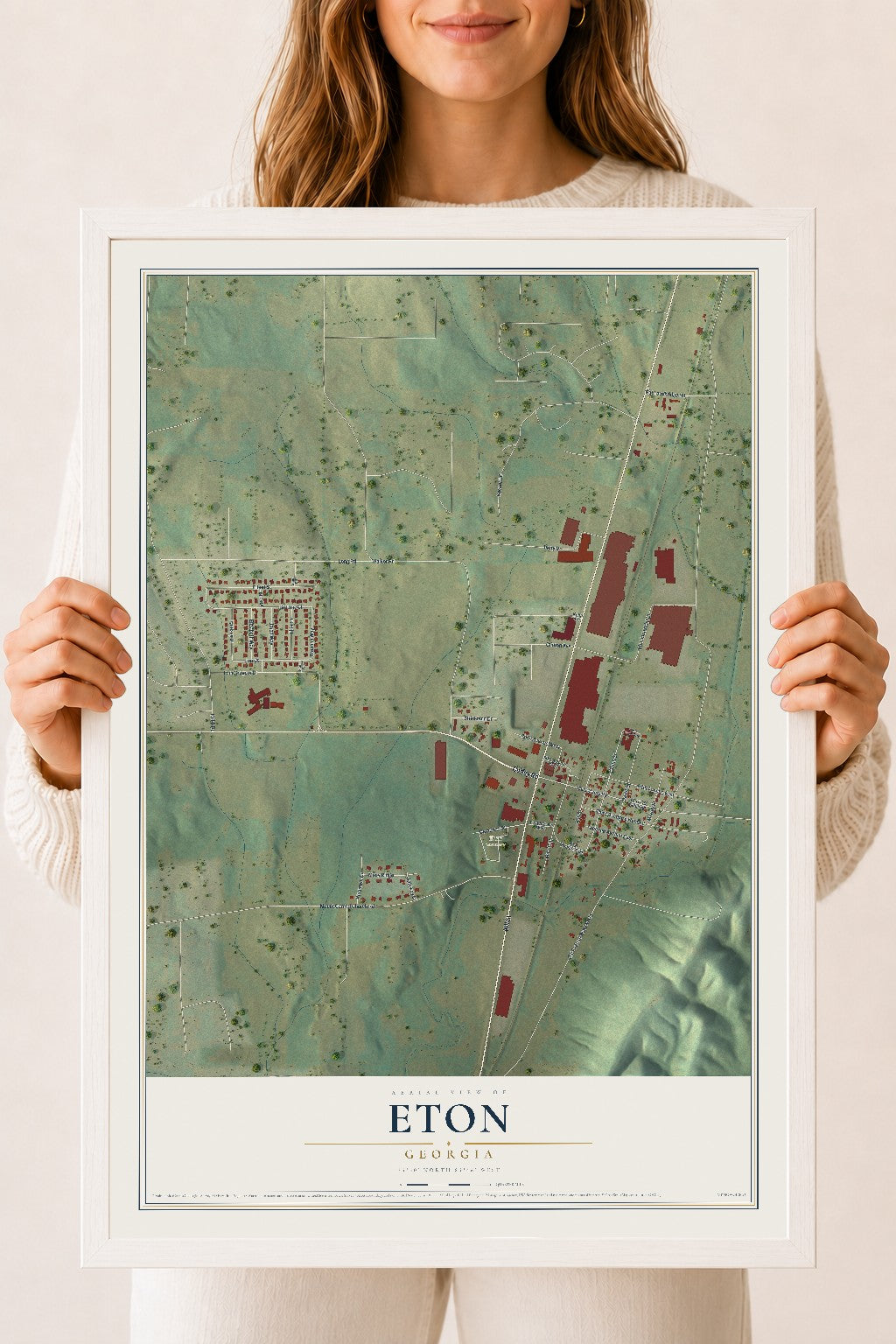 Eton, Georgia map print, 18" x 24" W/ White Ayous Wood Frame mockup
