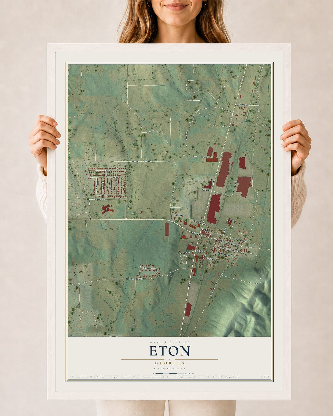 Eton, Georgia map print, 24" x 36" W/ White Ayous Wood Frame mockup