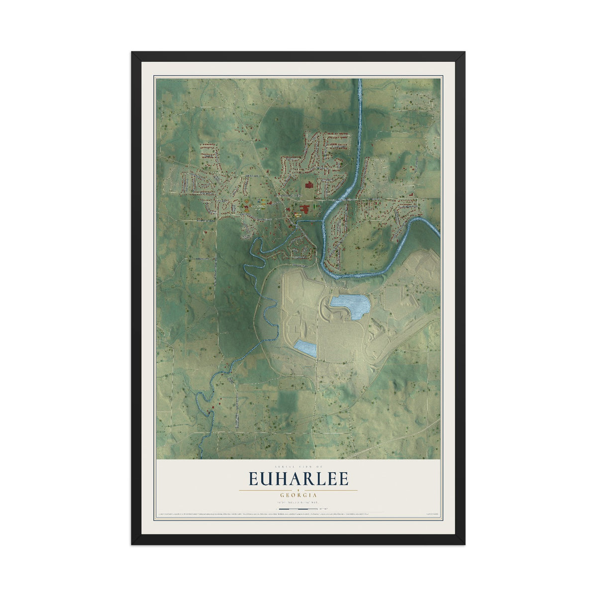 Euharlee, Georgia map print, 12" x 18" W/ Black Ayous Wood Frame mockup