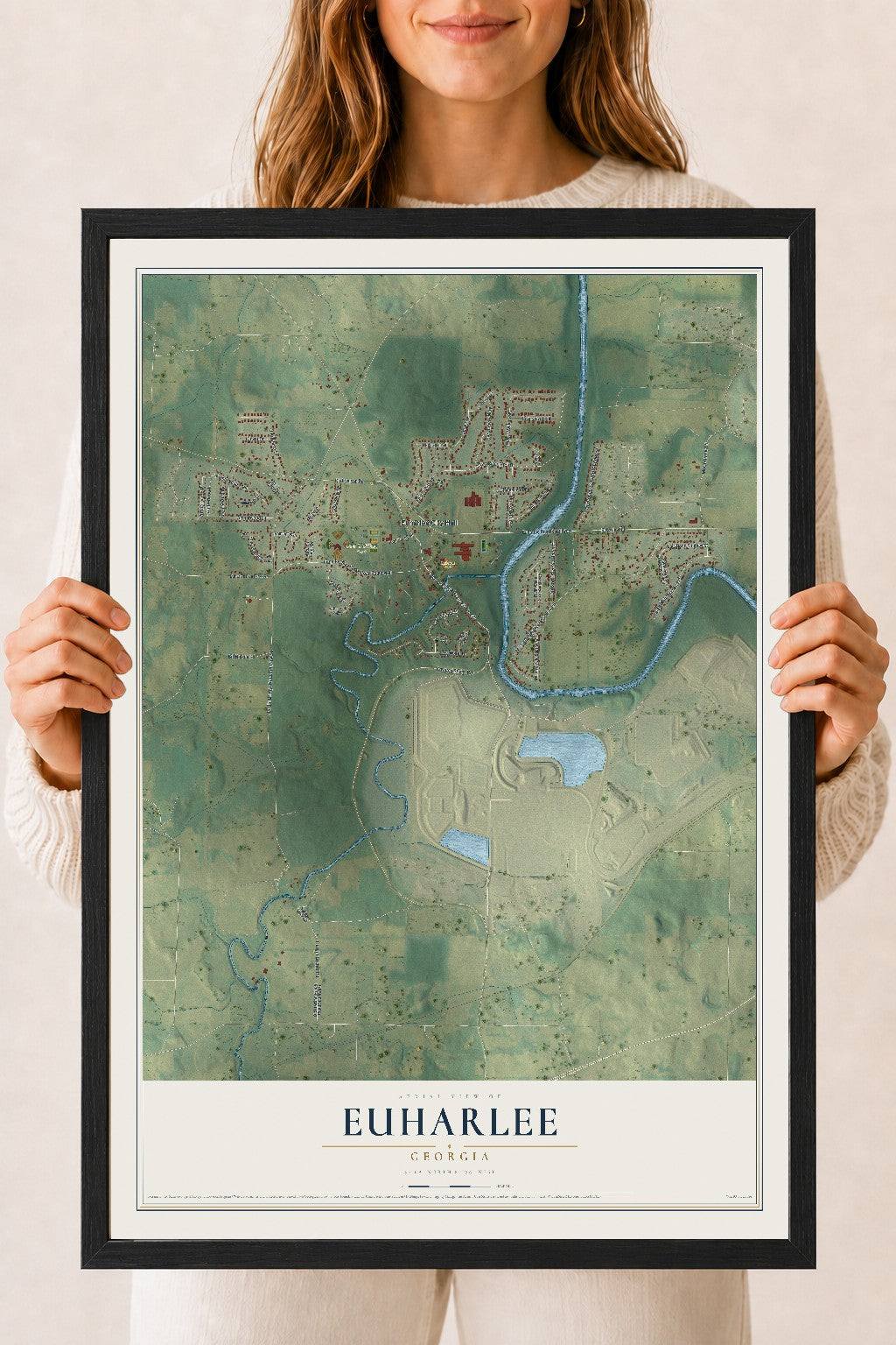 Euharlee, Georgia map print, 18" x 24" W/ Black Ayous Wood Frame mockup