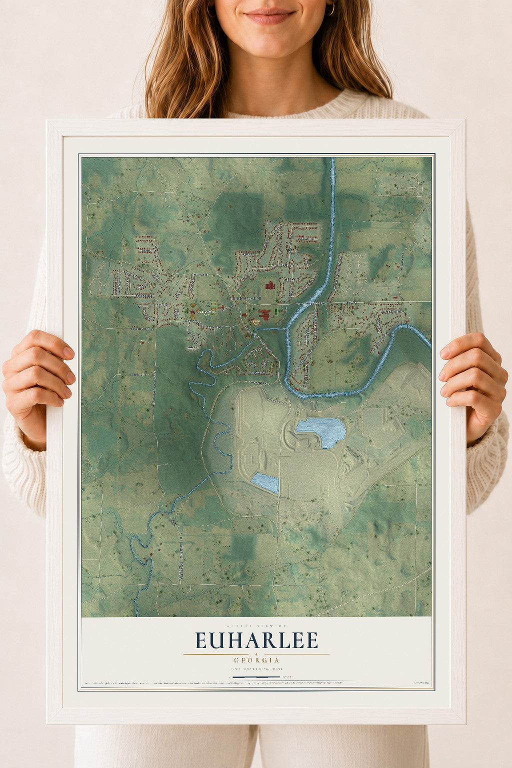Euharlee, Georgia map print, 18" x 24" W/ White Ayous Wood Frame mockup