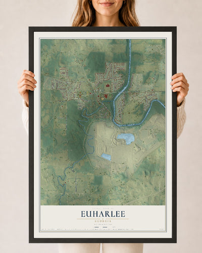 Euharlee, Georgia map print, 24" x 36" W/ Black Ayous Wood Frame mockup