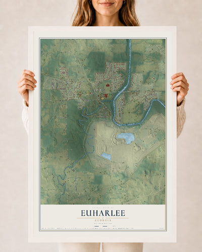 Euharlee, Georgia map print, 24" x 36" W/ White Ayous Wood Frame mockup