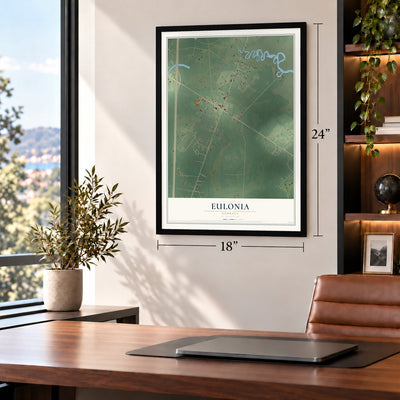 Eulonia, Georgia map, 18 x 24 inch print in a black frame in a home office