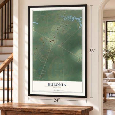 Eulonia, Georgia map, 24 x 36 inch print in a black frame by a staircase