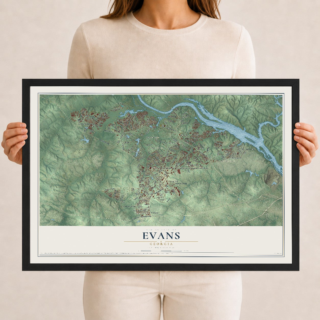 Evans, Georgia map print, 12" x 18" W/ Black Ayous Wood Frame mockup
