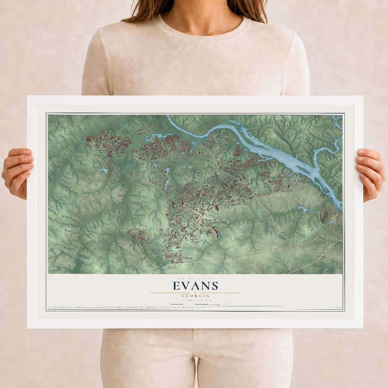 Evans, Georgia map print, 12" x 18" W/ White Ayous Wood Frame mockup