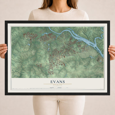 Evans, Georgia map print, 18" x 24" W/ Black Ayous Wood Frame mockup