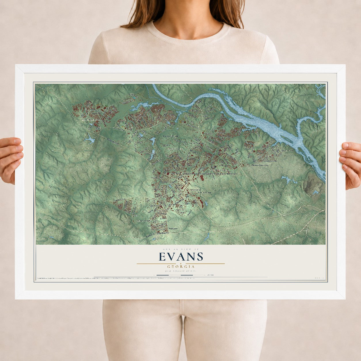 Evans, Georgia map print, 18" x 24" W/ White Ayous Wood Frame mockup