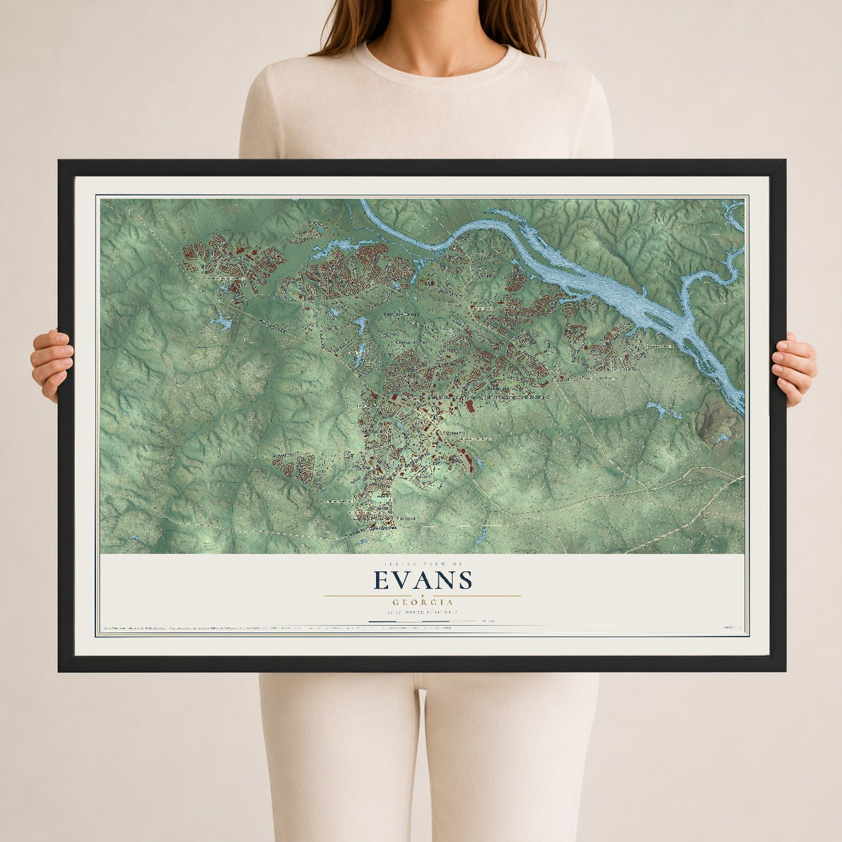 Evans, Georgia map print, 24" x 36" W/ Black Ayous Wood Frame mockup