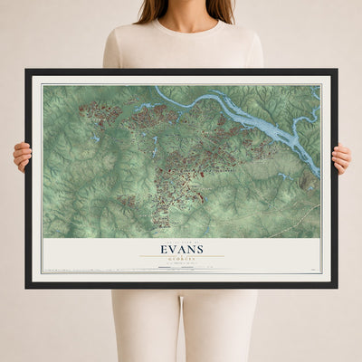 Evans, Georgia map print, 24" x 36" W/ Black Ayous Wood Frame mockup