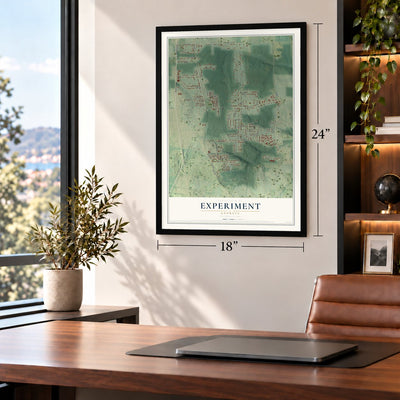 Experiment, Georgia map, 18 x 24 inch print in a black frame in a home office