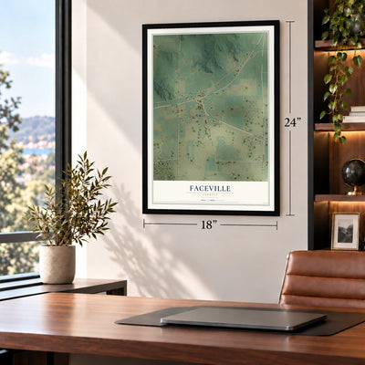 Faceville, Georgia map, 18 x 24 inch print in a black frame in a home office