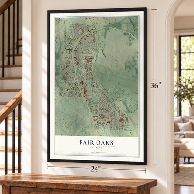 Fair Oaks, Georgia map, 24 x 36 inch print in a black frame by a staircase