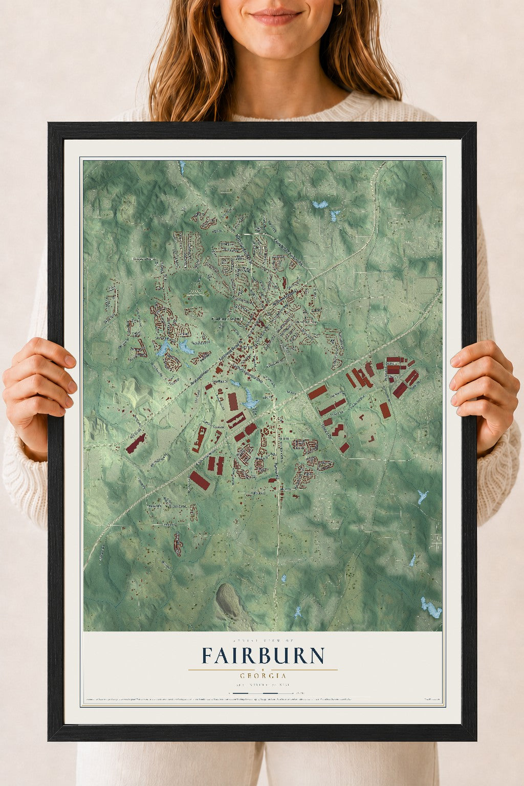 Fairburn, Georgia map print, 18" x 24" W/ Black Ayous Wood Frame mockup