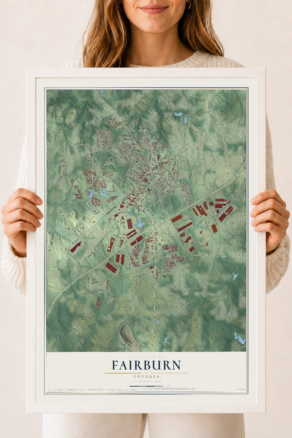 Fairburn, Georgia map print, 18" x 24" W/ White Ayous Wood Frame mockup