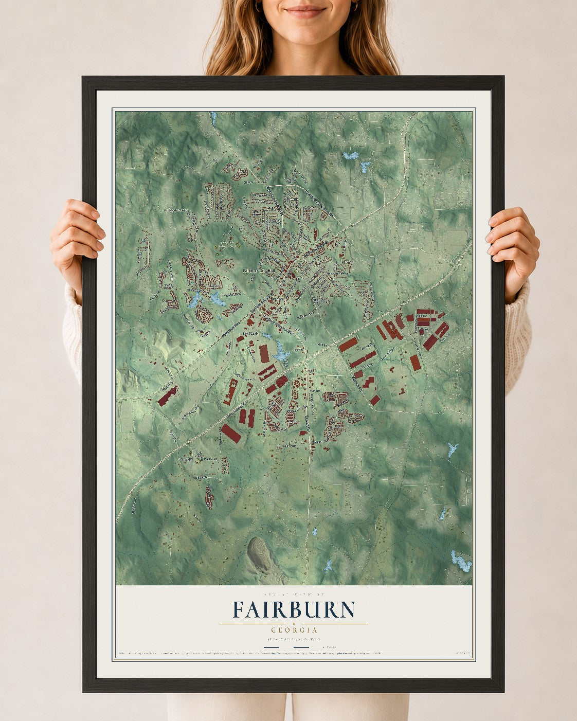Fairburn, Georgia map print, 24" x 36" W/ Black Ayous Wood Frame mockup