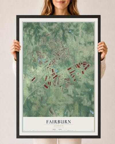 Fairburn, Georgia map print, 24" x 36" W/ Black Ayous Wood Frame mockup
