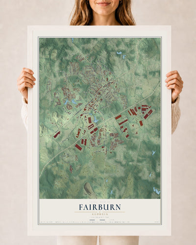 Fairburn, Georgia map print, 24" x 36" W/ White Ayous Wood Frame mockup