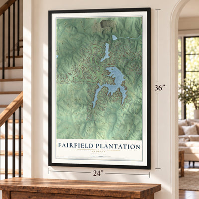 Fairfield Plantation, Georgia map, 24 x 36 inch print in a black frame by a staircase