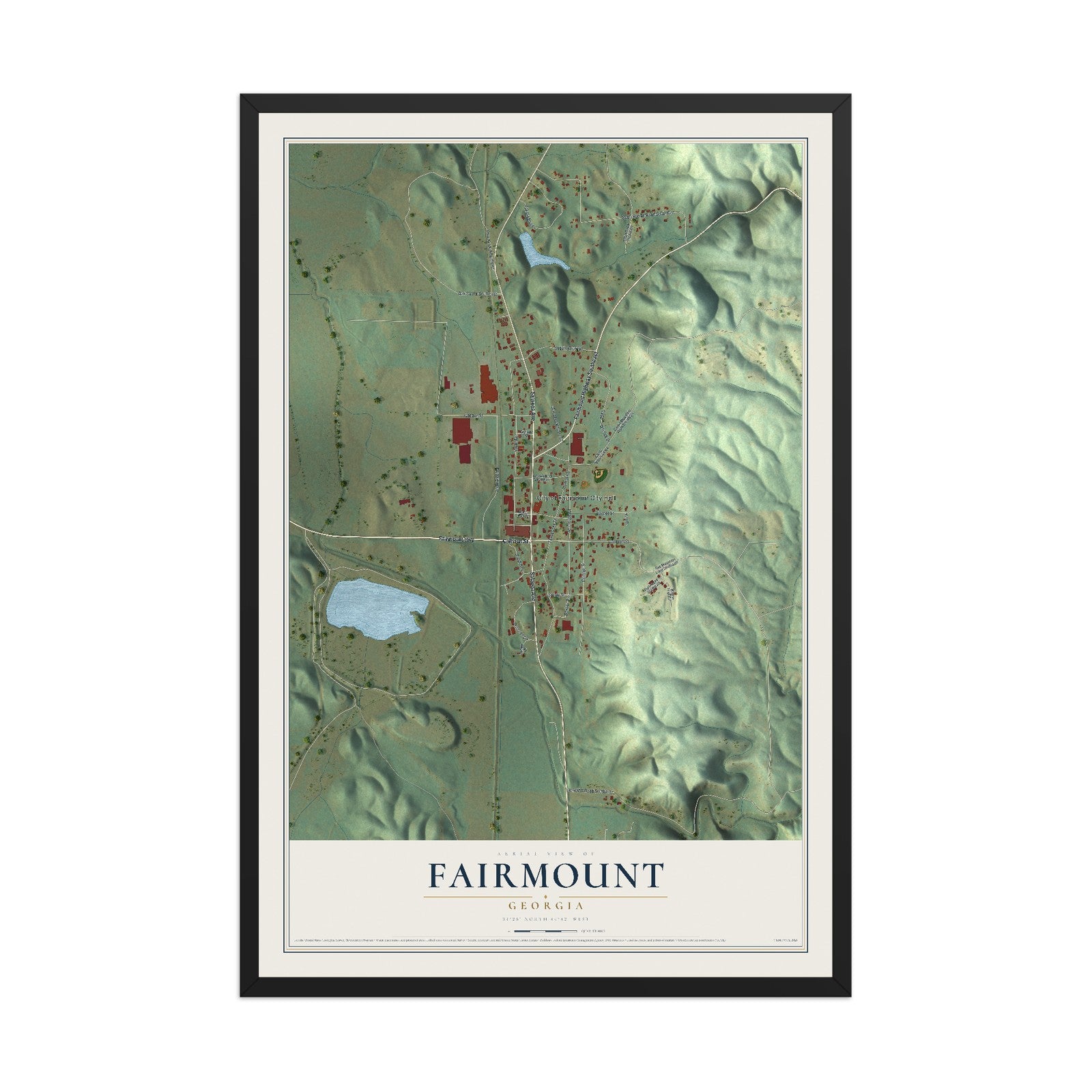 Fairmount, Georgia map print, 12" x 18" W/ Black Ayous Wood Frame mockup