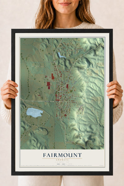 Fairmount, Georgia map print, 18" x 24" W/ Black Ayous Wood Frame mockup
