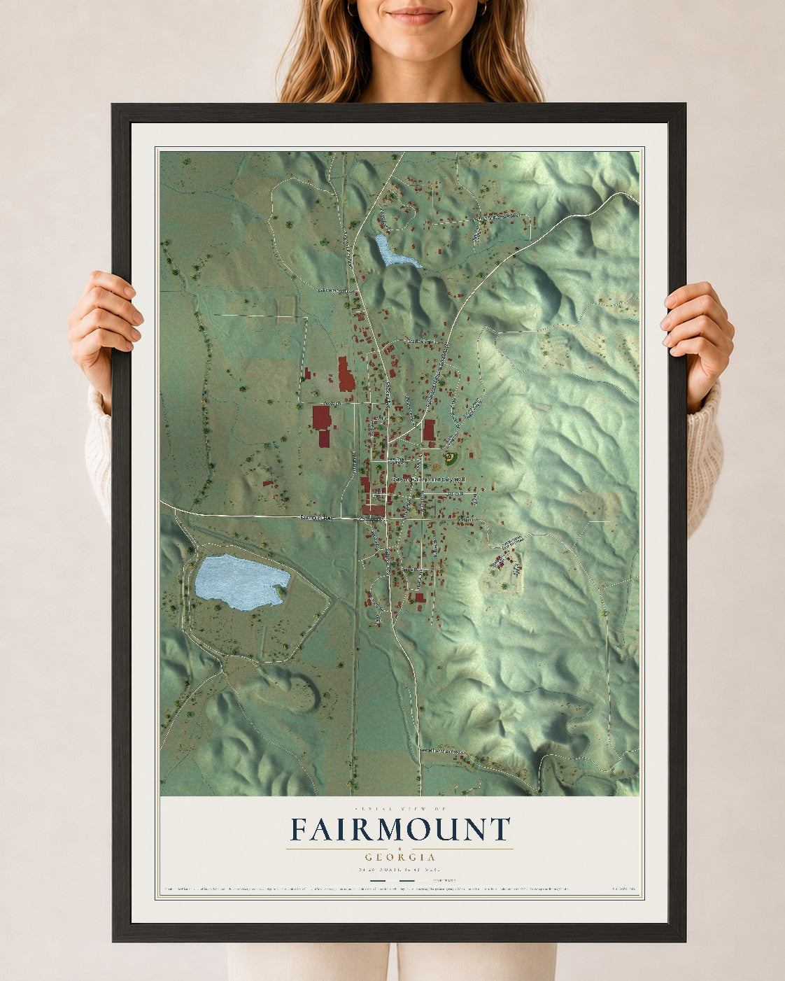 Fairmount, Georgia map print, 24" x 36" W/ Black Ayous Wood Frame mockup