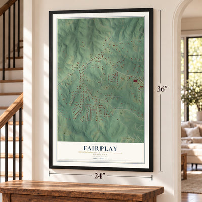 Fairplay, Georgia map, 24 x 36 inch print in a black frame by a staircase