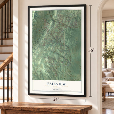 Fairview, Georgia map, 24 x 36 inch print in a black frame by a staircase