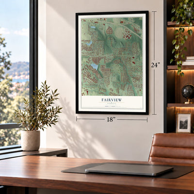 Fairview, Newton County, Georgia map, 18 x 24 inch print in a black frame in a home office