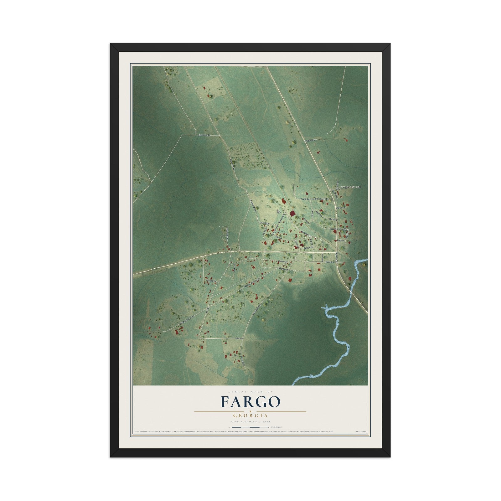 Fargo, Georgia map print, 12" x 18" W/ Black Ayous Wood Frame mockup