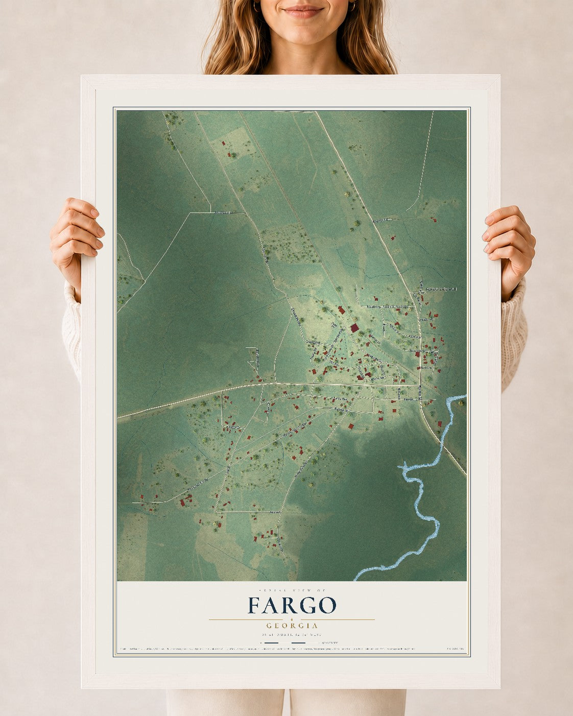 Fargo, Georgia map print, 24" x 36" W/ White Ayous Wood Frame mockup