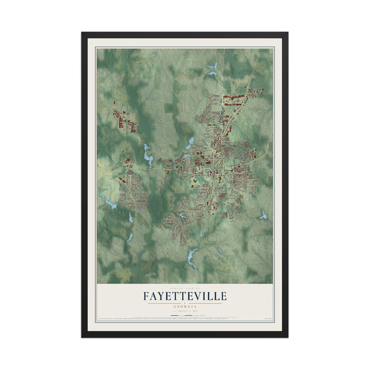 Fayetteville, Georgia map print, 12" x 18" W/ Black Ayous Wood Frame mockup