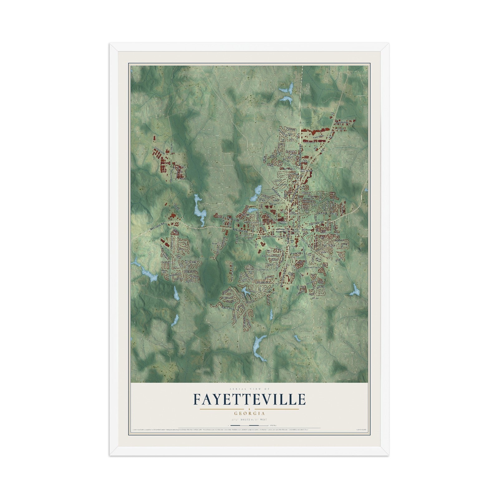 Fayetteville, Georgia map print, 12" x 18" W/ White Ayous Wood Frame mockup