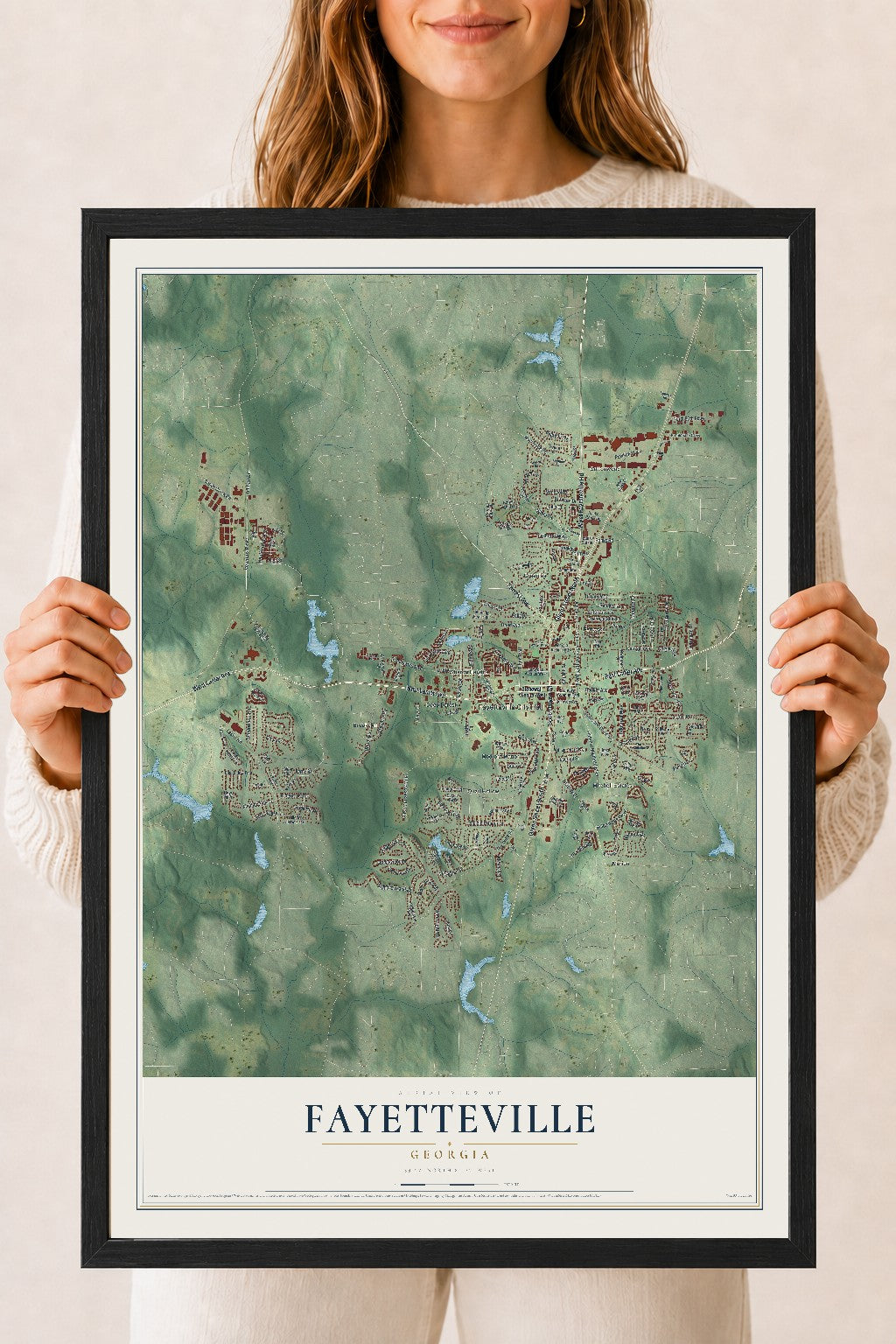 Fayetteville, Georgia map print, 18" x 24" W/ Black Ayous Wood Frame mockup
