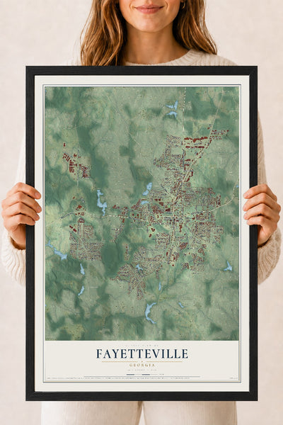 Fayetteville, Georgia map print, 18" x 24" W/ Black Ayous Wood Frame mockup