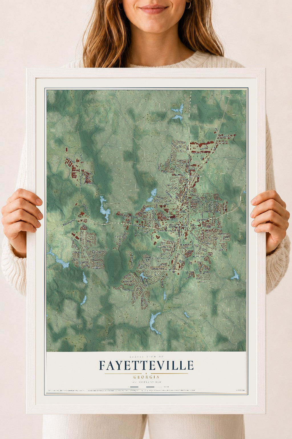 Fayetteville, Georgia map print, 18" x 24" W/ White Ayous Wood Frame mockup