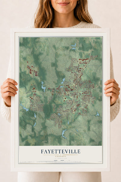 Fayetteville, Georgia map print, 18" x 24" W/ White Ayous Wood Frame mockup