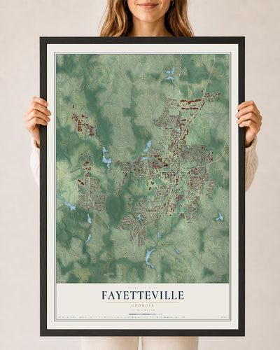 Fayetteville, Georgia map print, 24" x 36" W/ Black Ayous Wood Frame mockup