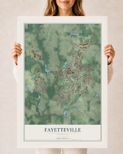 Fayetteville, Georgia map print, 24" x 36" W/ White Ayous Wood Frame mockup