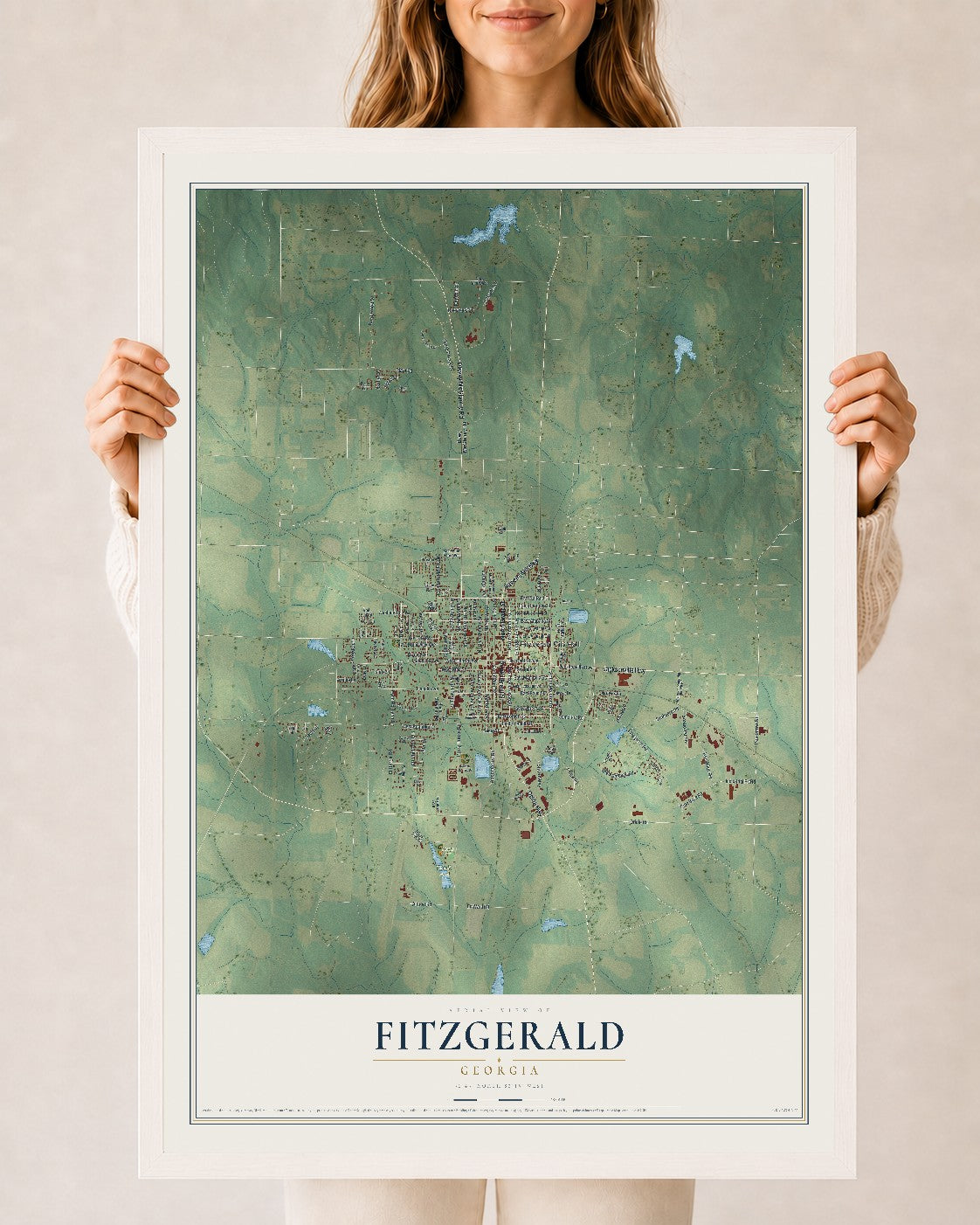 Fitzgerald, Georgia map print, 24" x 36" W/ White Ayous Wood Frame mockup