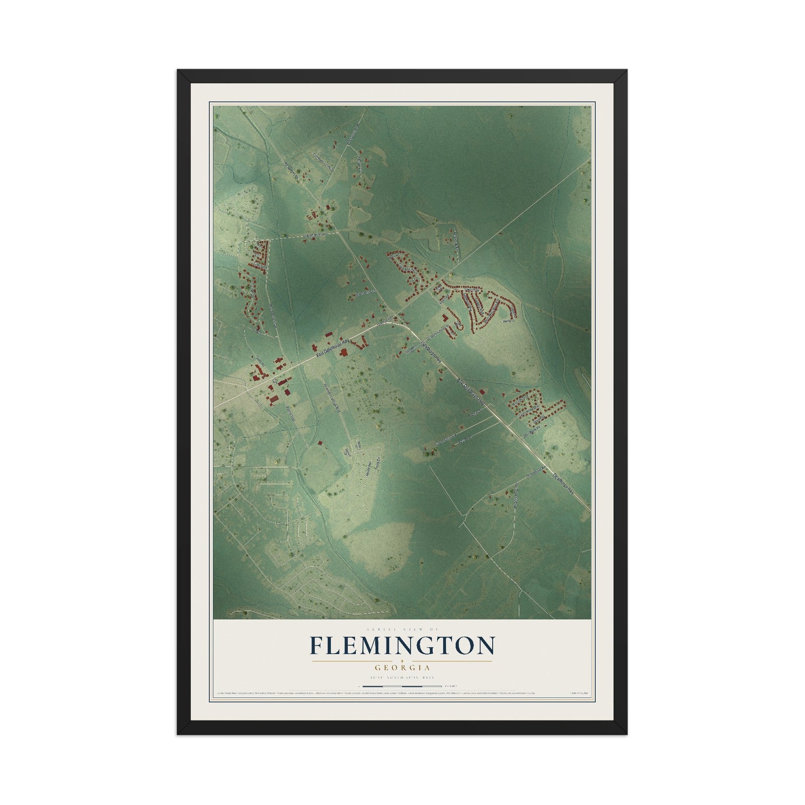Flemington, Georgia map print, 12" x 18" W/ Black Ayous Wood Frame mockup