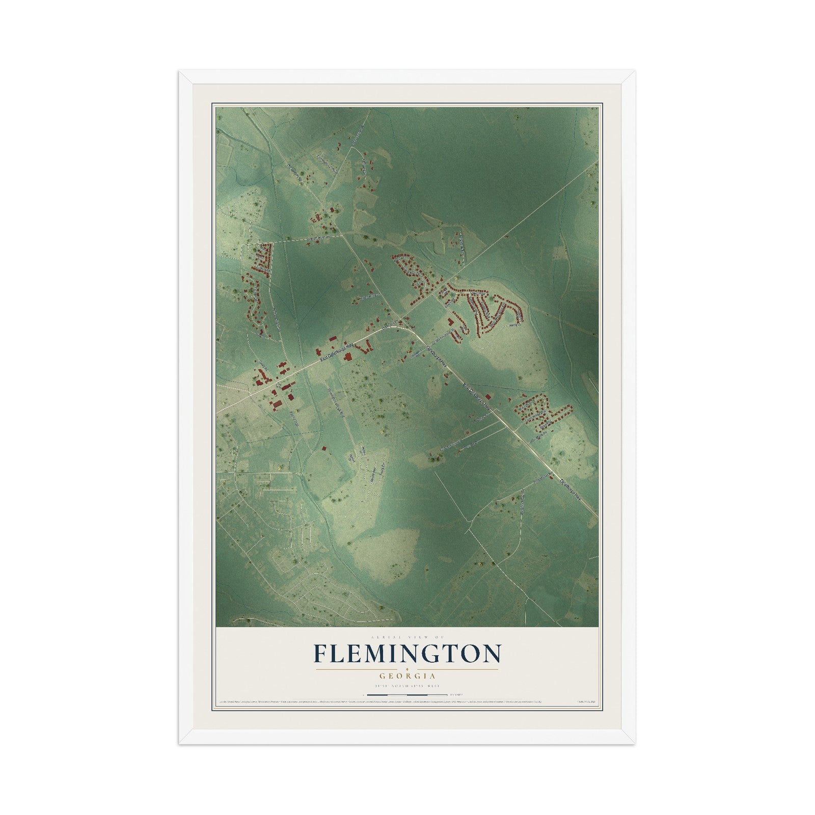 Flemington, Georgia map print, 12" x 18" W/ White Ayous Wood Frame mockup