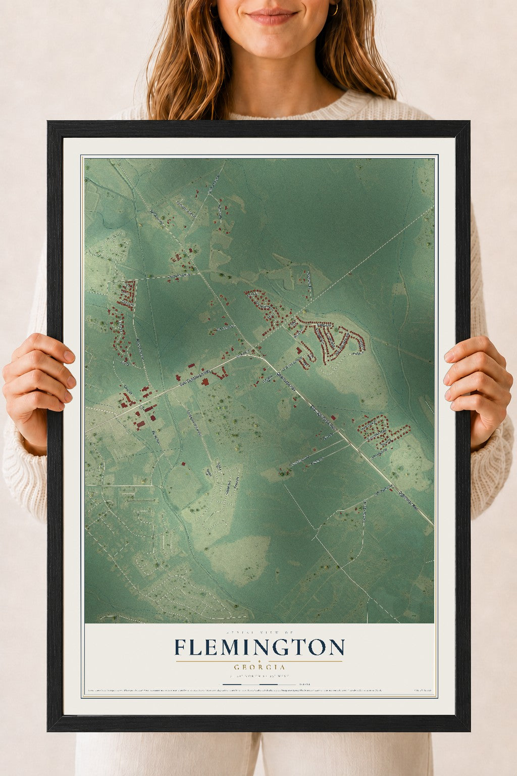 Flemington, Georgia map print, 18" x 24" W/ Black Ayous Wood Frame mockup